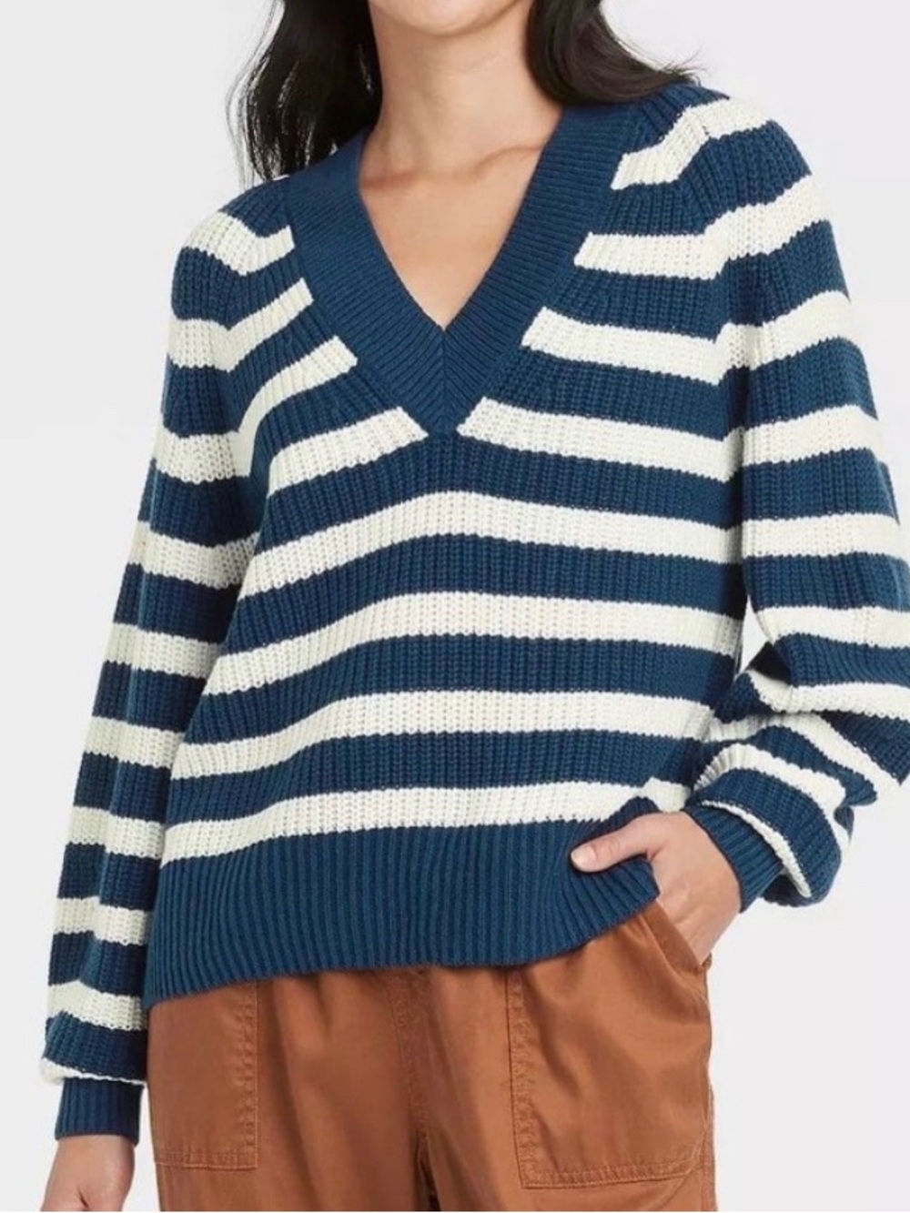 A New Day Navy & White Striped Chunky Knit Sweater - XL